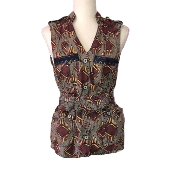ANTHROPOLOGIE ELEVENSES Vest Women's Size Small Geo Vest Linen Brown Safari - Picture 11 of 13